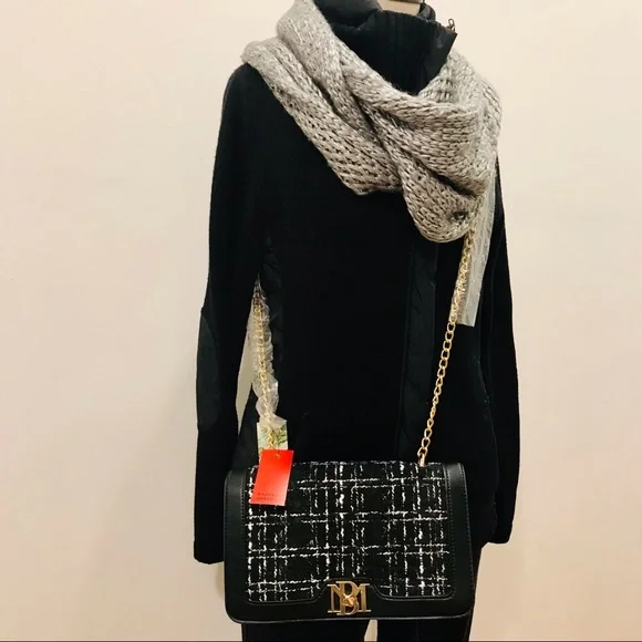 Badgley Mishka black & white tweed, vegan leather and yellow metal crossbody bag - Picture 14 of 14